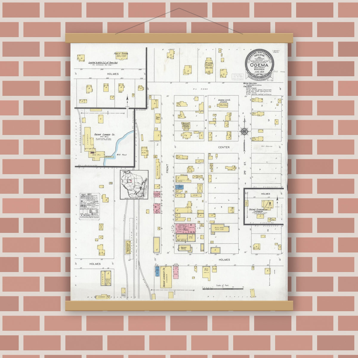 Old map wall art mockup — magnetic wood frame on brick wall — Sanborn Fire Insurance Map from Ogema, Price County, Wisconsin (1929), Sheet #0001