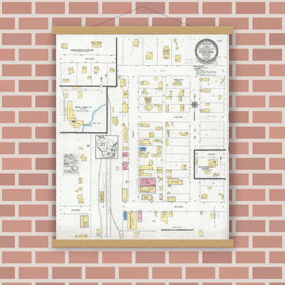 Old map wall art mockup — magnetic wood frame on brick wall — Sanborn Fire Insurance Map from Ogema, Price County, Wisconsin (1929), Sheet #0001