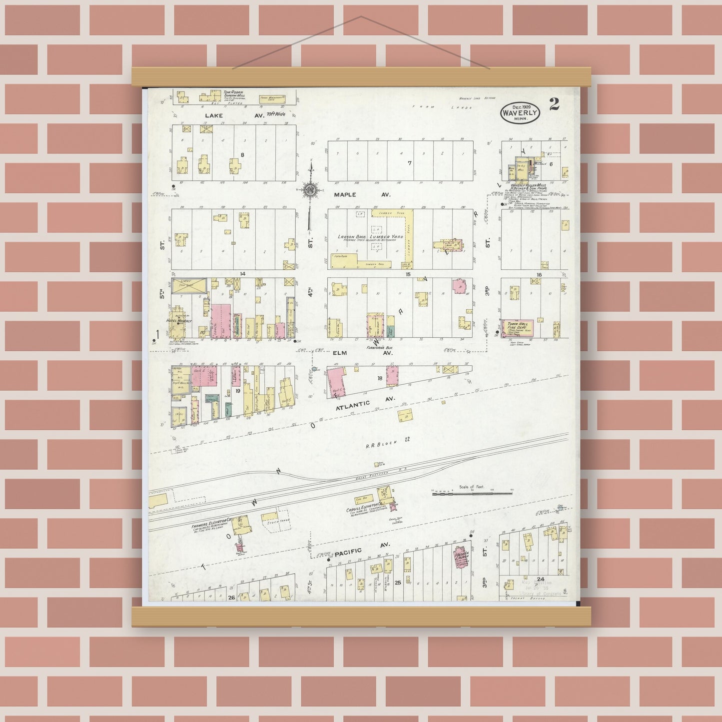 Old map wall art mockup — magnetic wood frame on brick wall — Sanborn Fire Insurance Map from Waverly, Wright County, Minnesota (1909), Sheet #0002
