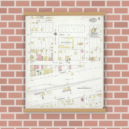 Old map wall art mockup — magnetic wood frame on brick wall — Sanborn Fire Insurance Map from Waverly, Wright County, Minnesota (1909), Sheet #0002