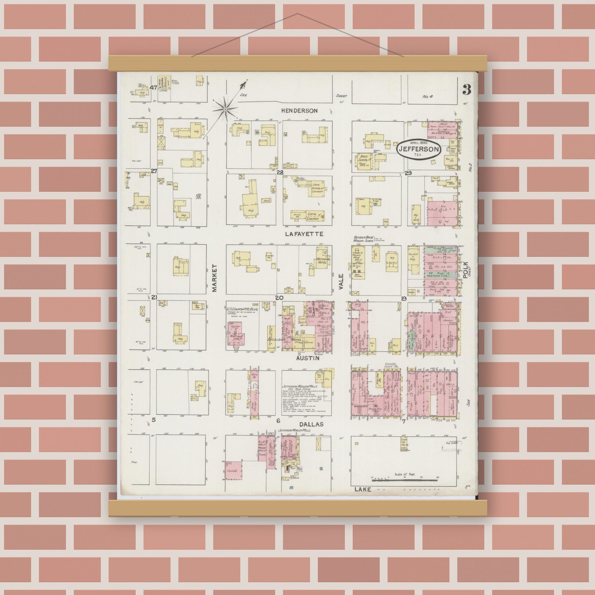 Old map wall art mockup — magnetic wood frame on brick wall — Sanborn Fire Insurance Map from Jefferson, Marion County, Texas (1890), Sheet #0003