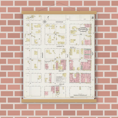 Old map wall art mockup — magnetic wood frame on brick wall — Sanborn Fire Insurance Map from Jefferson, Marion County, Texas (1890), Sheet #0003