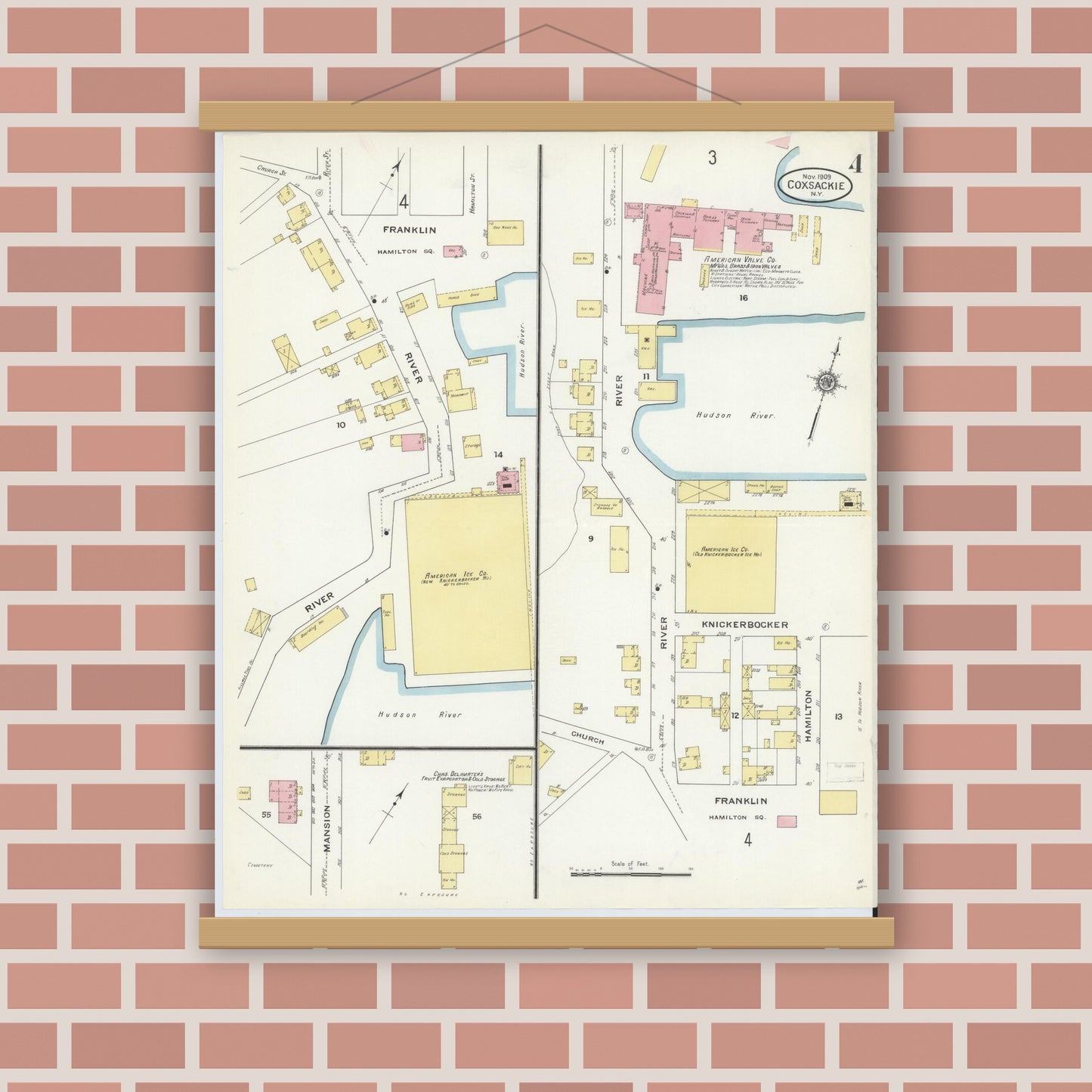 Old map wall art mockup — magnetic wood frame on brick wall — Sanborn Fire Insurance Map from Coxsackie, Greene County, New York (1909), Sheet #0004