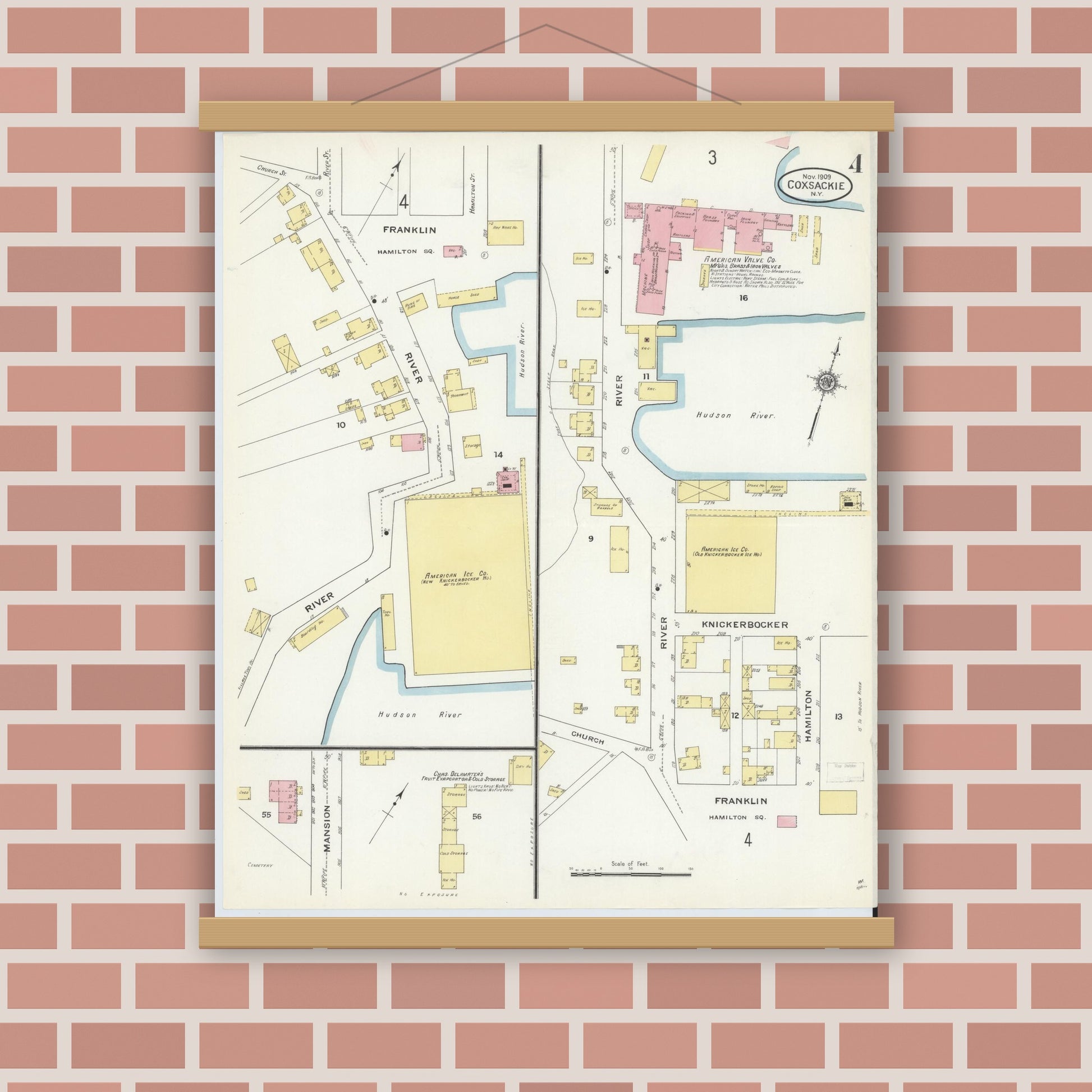Old map wall art mockup — magnetic wood frame on brick wall — Sanborn Fire Insurance Map from Coxsackie, Greene County, New York (1909), Sheet #0004