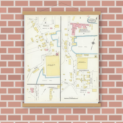 Old map wall art mockup — magnetic wood frame on brick wall — Sanborn Fire Insurance Map from Coxsackie, Greene County, New York (1909), Sheet #0004