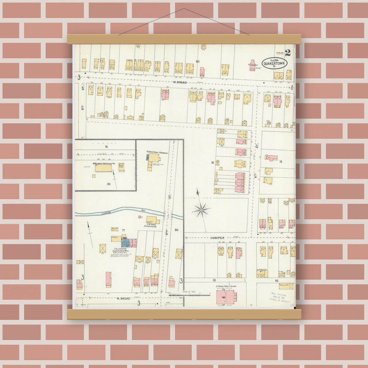 Old map wall art mockup — magnetic wood frame on brick wall — Sanborn Fire Insurance Map from Quakertown, Bucks County, Pennsylvania (1904), Sheet #0002