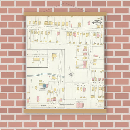 Old map wall art mockup — magnetic wood frame on brick wall — Sanborn Fire Insurance Map from Quakertown, Bucks County, Pennsylvania (1904), Sheet #0002