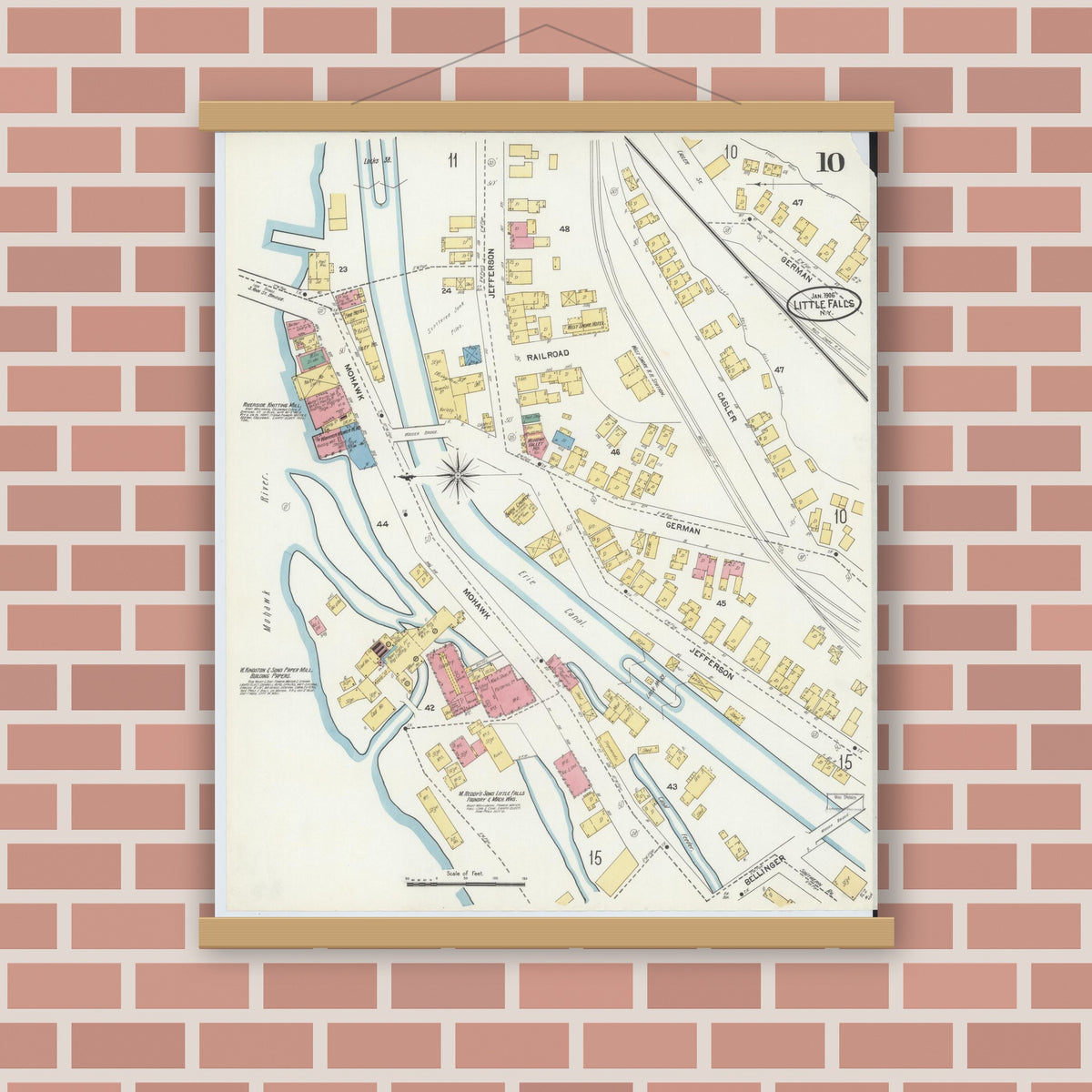 Old map wall art mockup — magnetic wood frame on brick wall — Sanborn Fire Insurance Map from Little Falls, Herkimer County, New York (1906), Sheet #0010