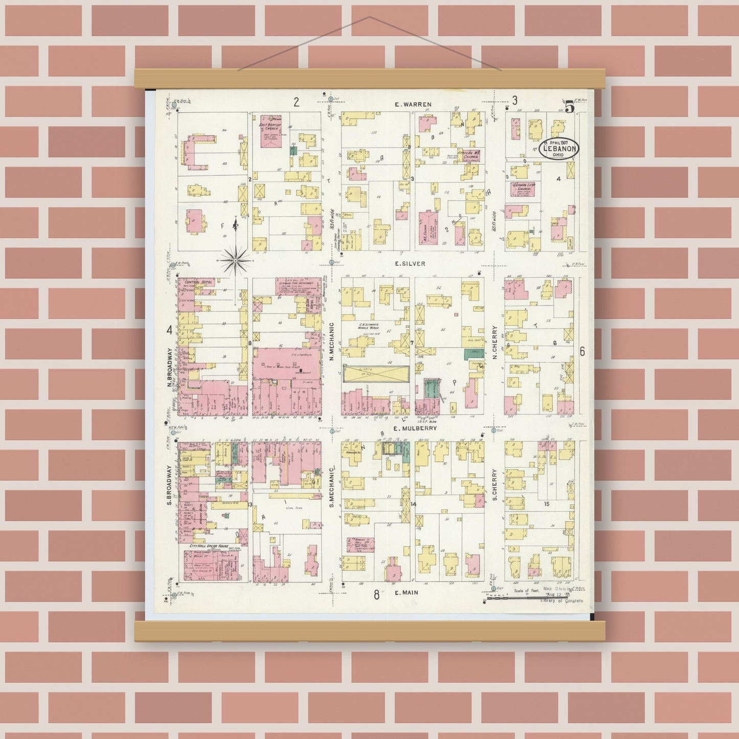 Old map wall art mockup — magnetic wood frame on brick wall — Sanborn Fire Insurance Map from Lebanon, Warren County, Ohio (1907), Sheet #0005