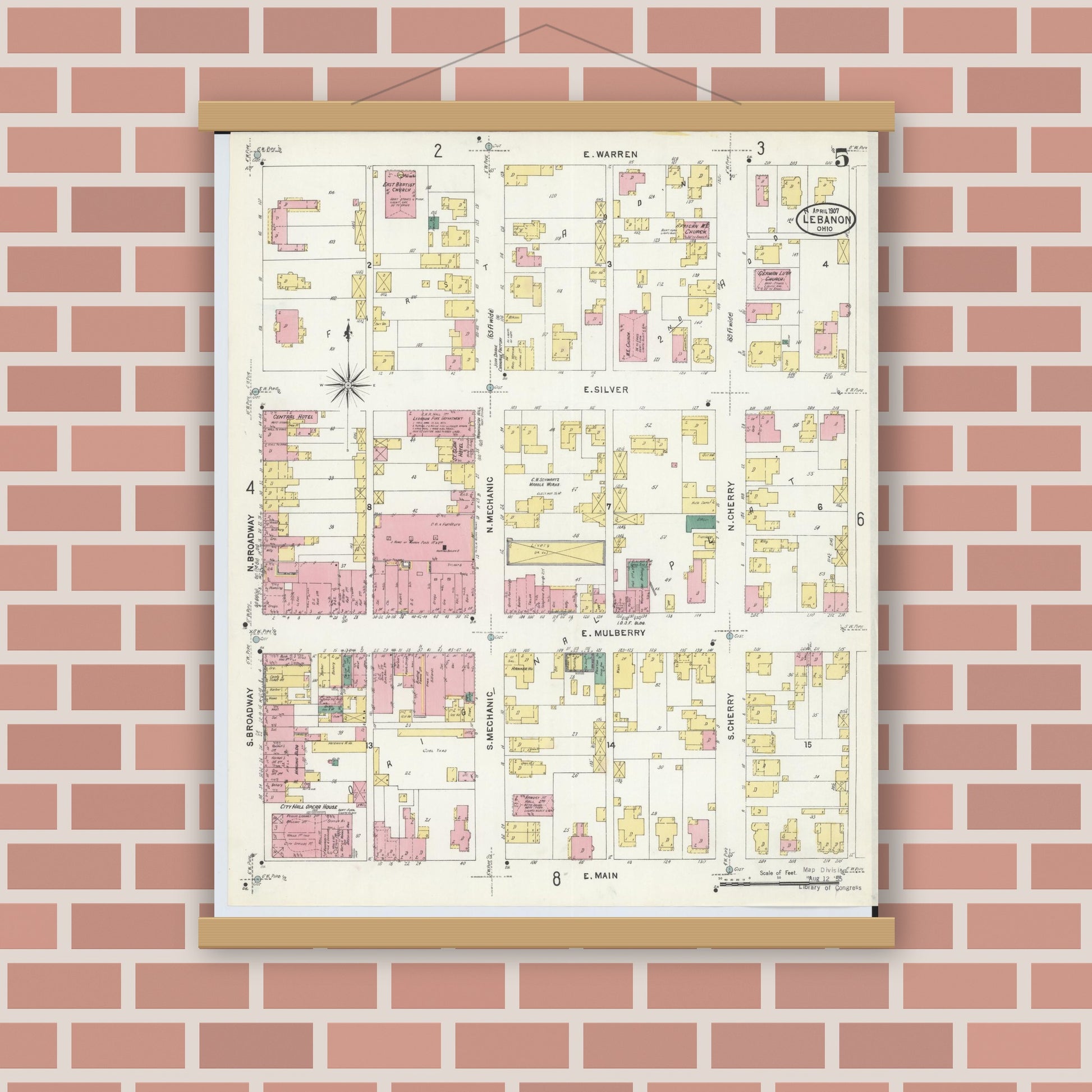 Old map wall art mockup — magnetic wood frame on brick wall — Sanborn Fire Insurance Map from Lebanon, Warren County, Ohio (1907), Sheet #0005