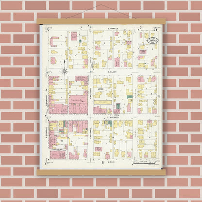 Old map wall art mockup — magnetic wood frame on brick wall — Sanborn Fire Insurance Map from Lebanon, Warren County, Ohio (1907), Sheet #0005