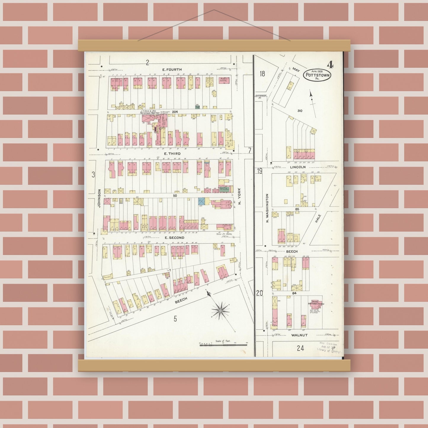 Old map wall art mockup — magnetic wood frame on brick wall — Sanborn Fire Insurance Map from Pottstown, Montgomery County, Pennsylvania (1909), Sheet #0004