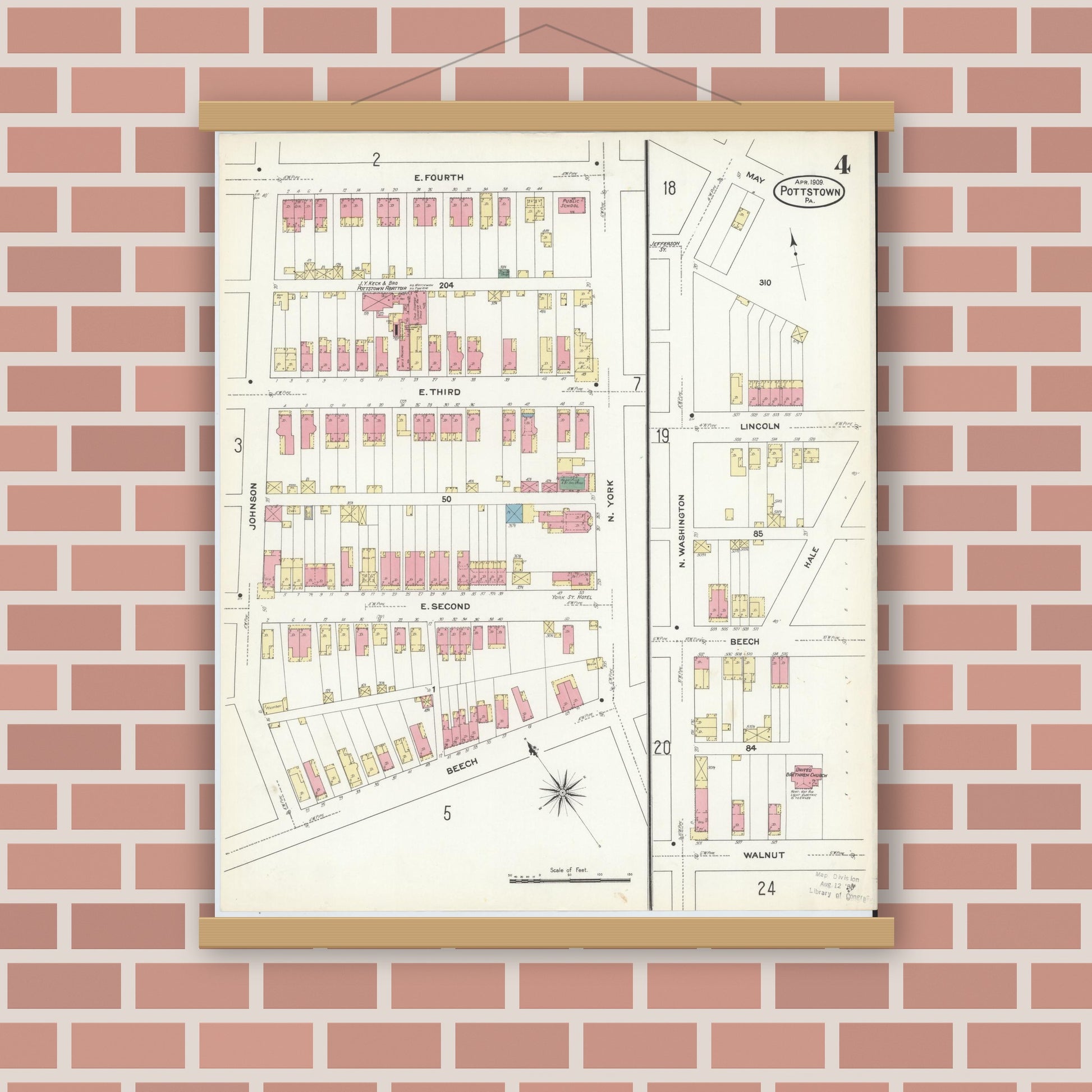 Old map wall art mockup — magnetic wood frame on brick wall — Sanborn Fire Insurance Map from Pottstown, Montgomery County, Pennsylvania (1909), Sheet #0004