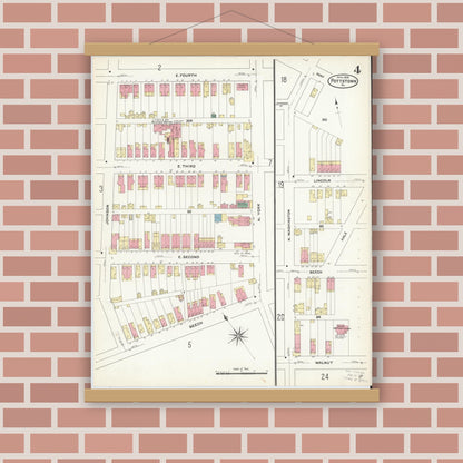 Old map wall art mockup — magnetic wood frame on brick wall — Sanborn Fire Insurance Map from Pottstown, Montgomery County, Pennsylvania (1909), Sheet #0004
