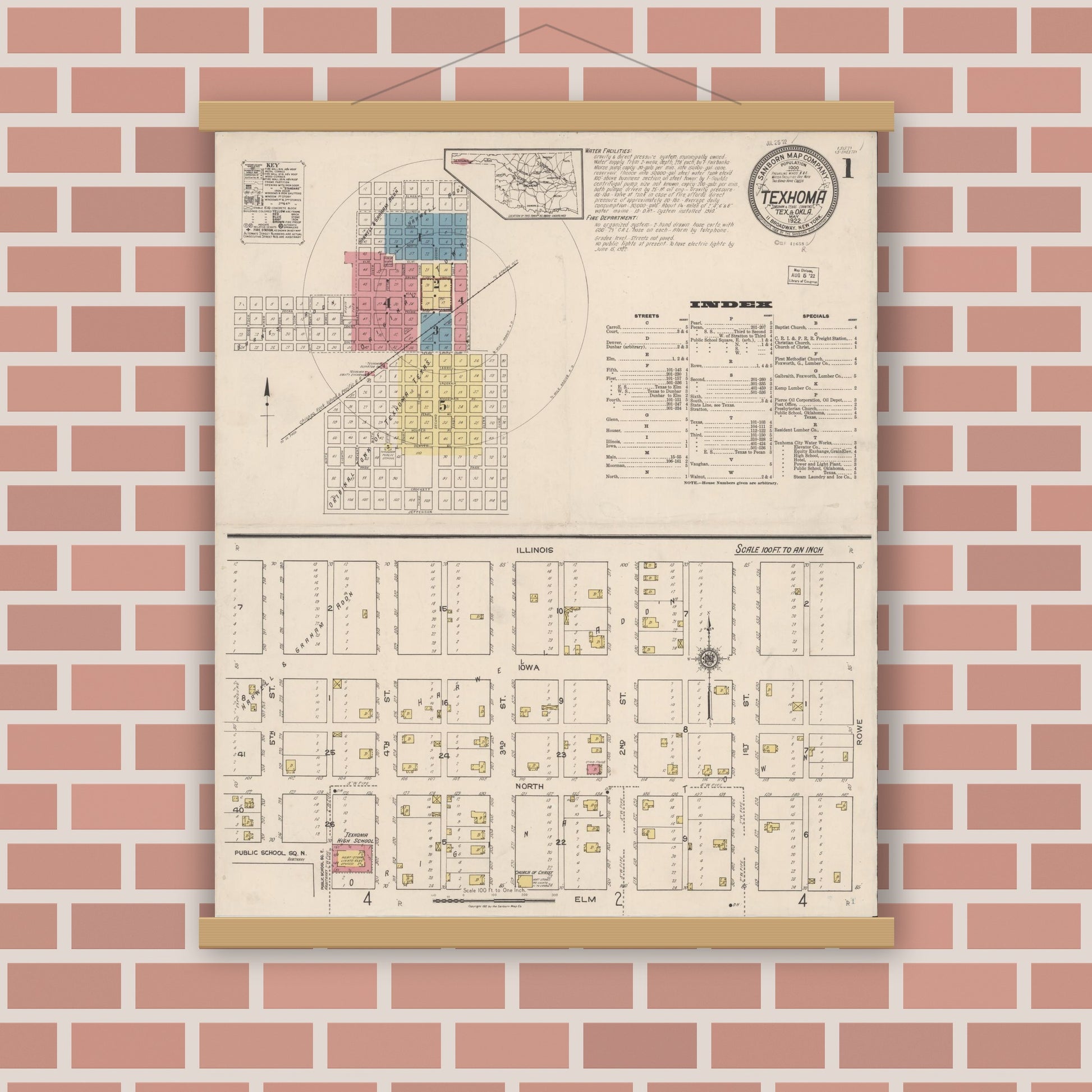 Old map wall art mockup — magnetic wood frame on brick wall — Sanborn Fire Insurance Map from Texhoma, Texas County, Oklahoma and Sherman County, Texas, Texas (1922) - Complete Map Set