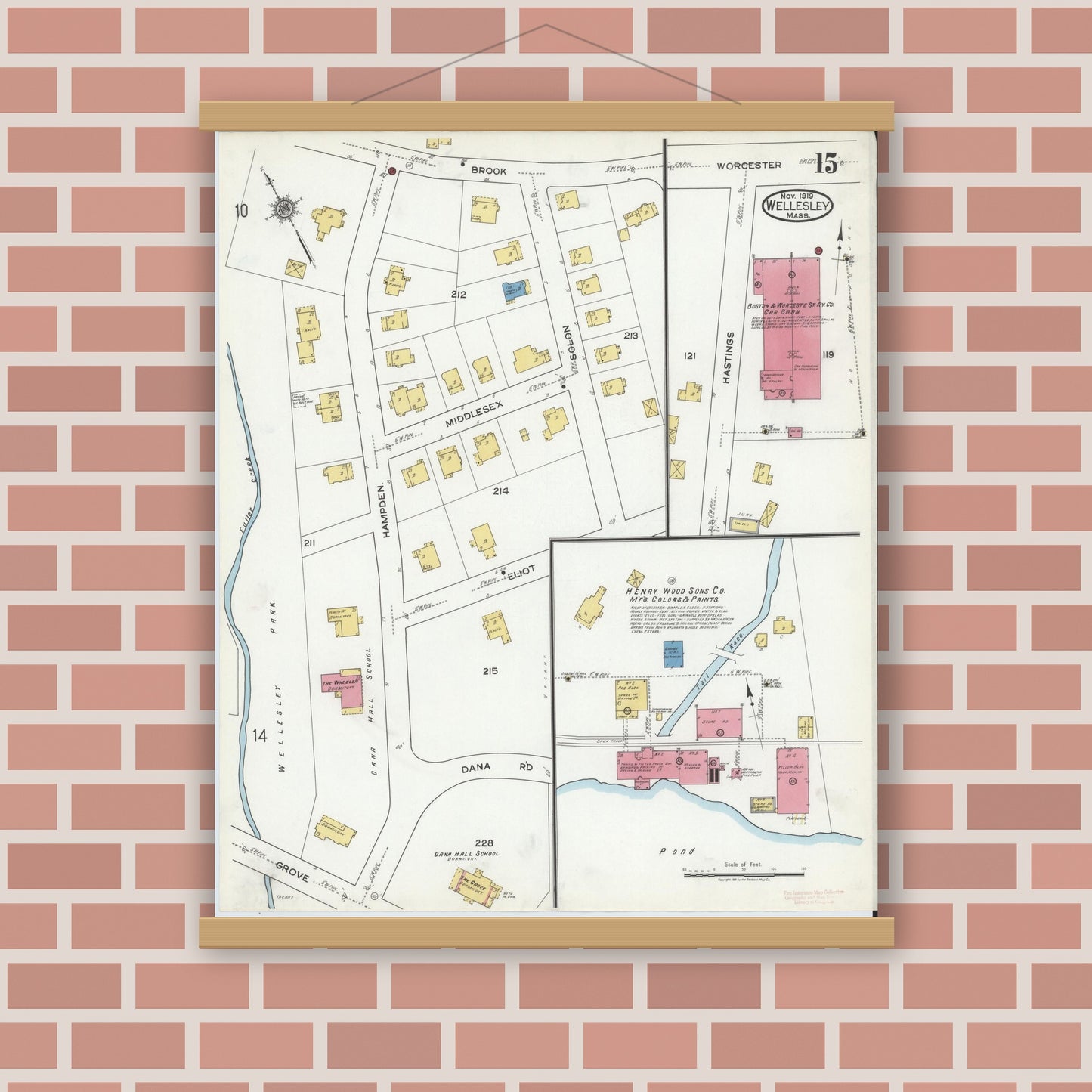 Old map wall art mockup — magnetic wood frame on brick wall — Sanborn Fire Insurance Map from Wellesley, Norfolk County, Massachusetts (1919), Sheet #0015