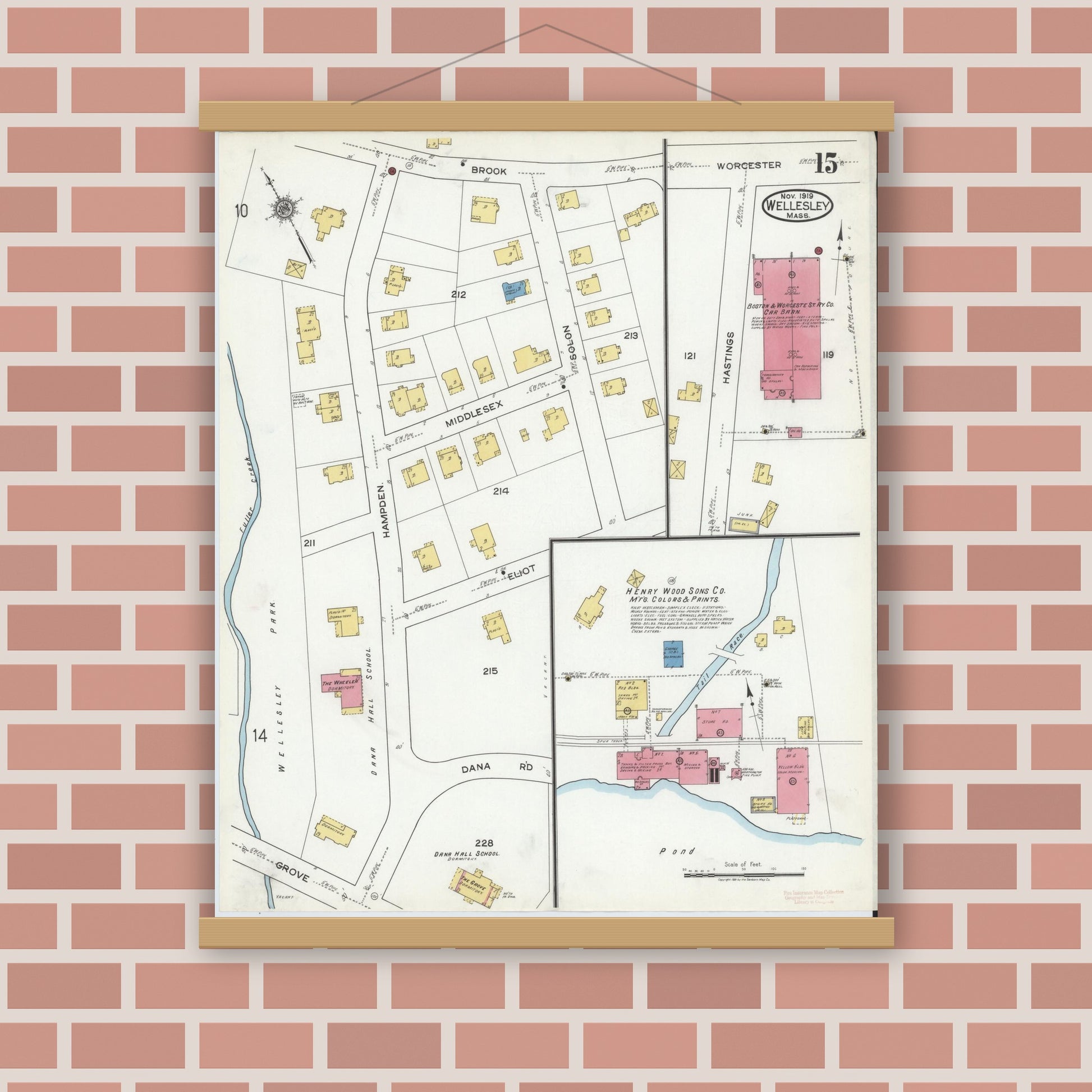 Old map wall art mockup — magnetic wood frame on brick wall — Sanborn Fire Insurance Map from Wellesley, Norfolk County, Massachusetts (1919), Sheet #0015