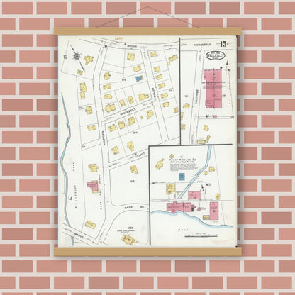 Old map wall art mockup — magnetic wood frame on brick wall — Sanborn Fire Insurance Map from Wellesley, Norfolk County, Massachusetts (1919), Sheet #0015