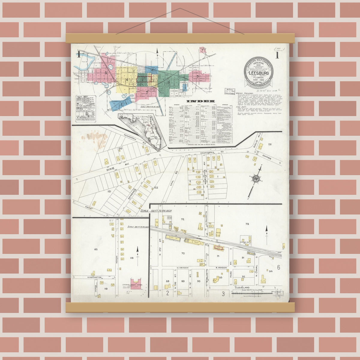 Old map wall art mockup — magnetic wood frame on brick wall — Sanborn Fire Insurance Map from Leesburg, Lake County, Florida (1924) - Complete Map Set