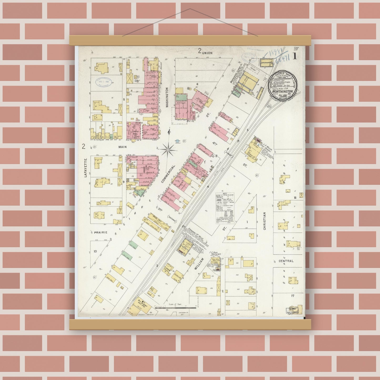 Old map wall art mockup — magnetic wood frame on brick wall — Sanborn Fire Insurance Map from Worthington, Greene County, Indiana (1898) - Complete Map Set