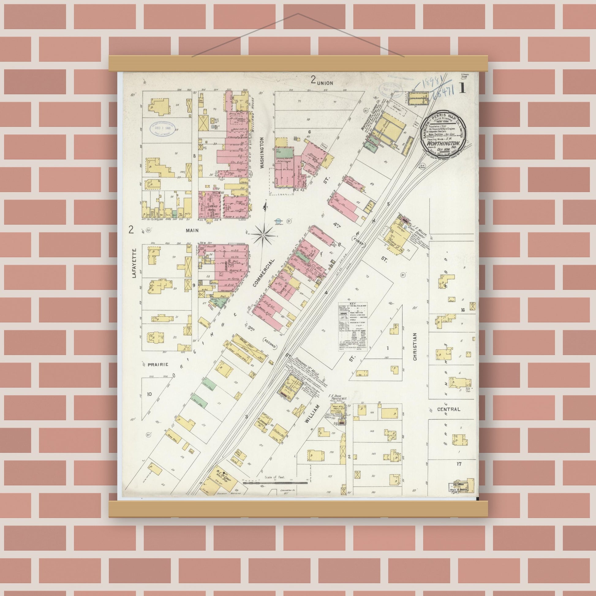 Old map wall art mockup — magnetic wood frame on brick wall — Sanborn Fire Insurance Map from Worthington, Greene County, Indiana (1898) - Complete Map Set