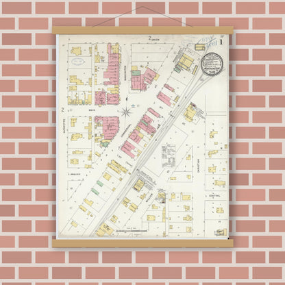 Old map wall art mockup — magnetic wood frame on brick wall — Sanborn Fire Insurance Map from Worthington, Greene County, Indiana (1898) - Complete Map Set
