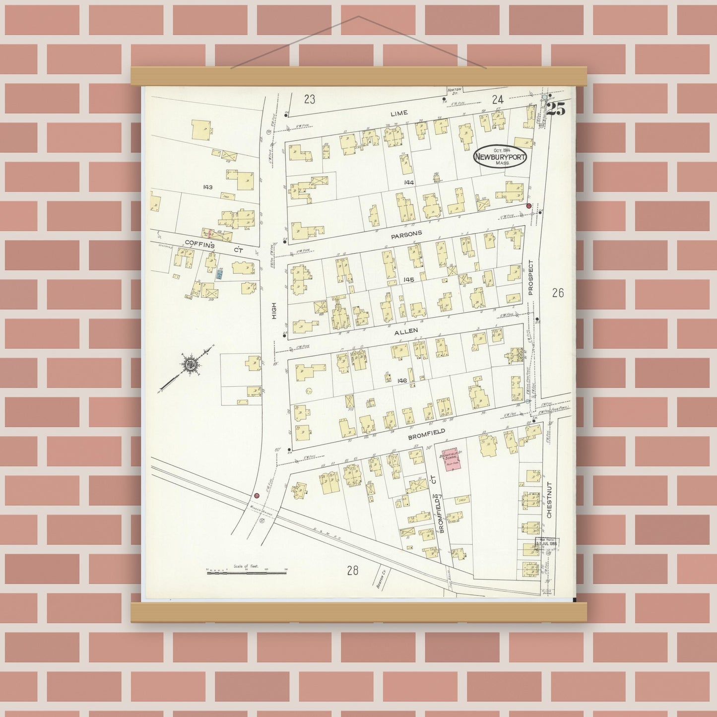 Old map wall art mockup — magnetic wood frame on brick wall — Sanborn Fire Insurance Map from Newburyport, Essex County, Massachusetts (1914), Sheet #0025