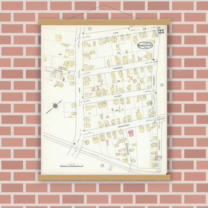 Old map wall art mockup — magnetic wood frame on brick wall — Sanborn Fire Insurance Map from Newburyport, Essex County, Massachusetts (1914), Sheet #0025