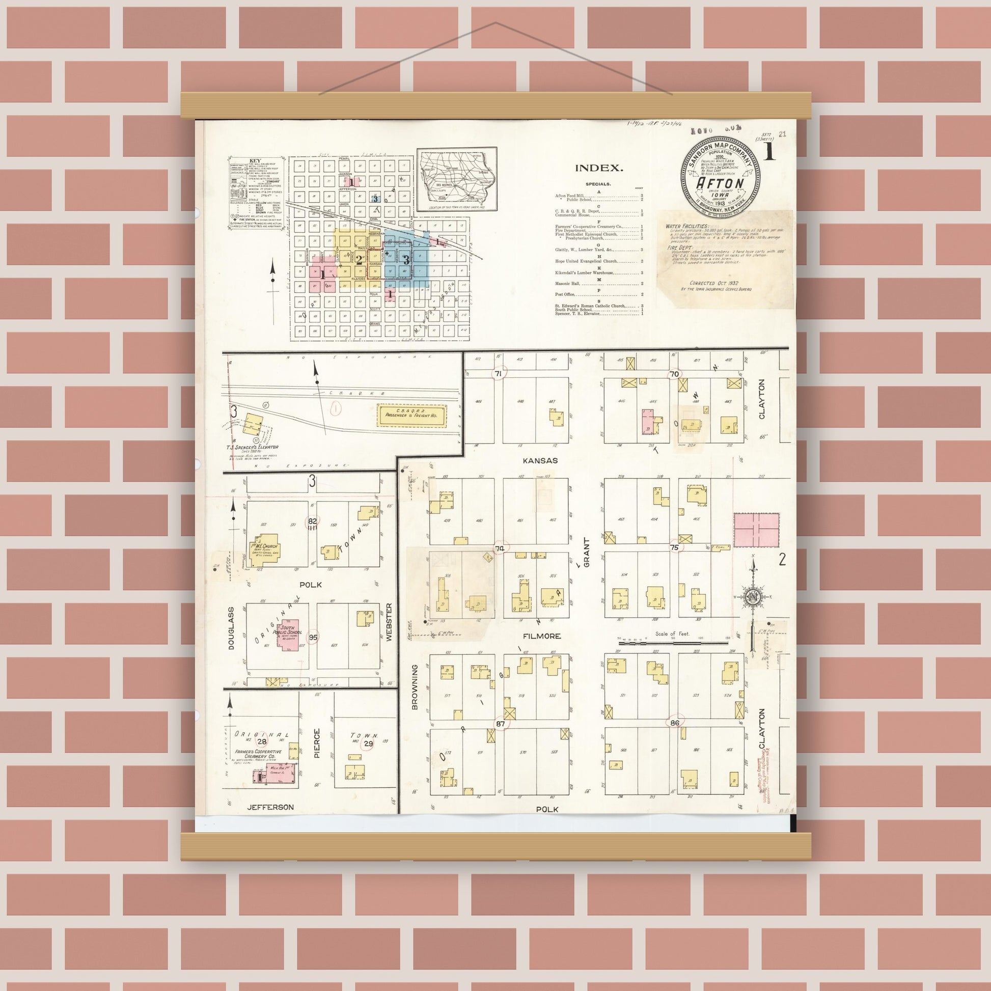 Old map wall art mockup — magnetic wood frame on brick wall — Sanborn Fire Insurance Map from Afton, Union County, Iowa (1932) â€” Complete Set