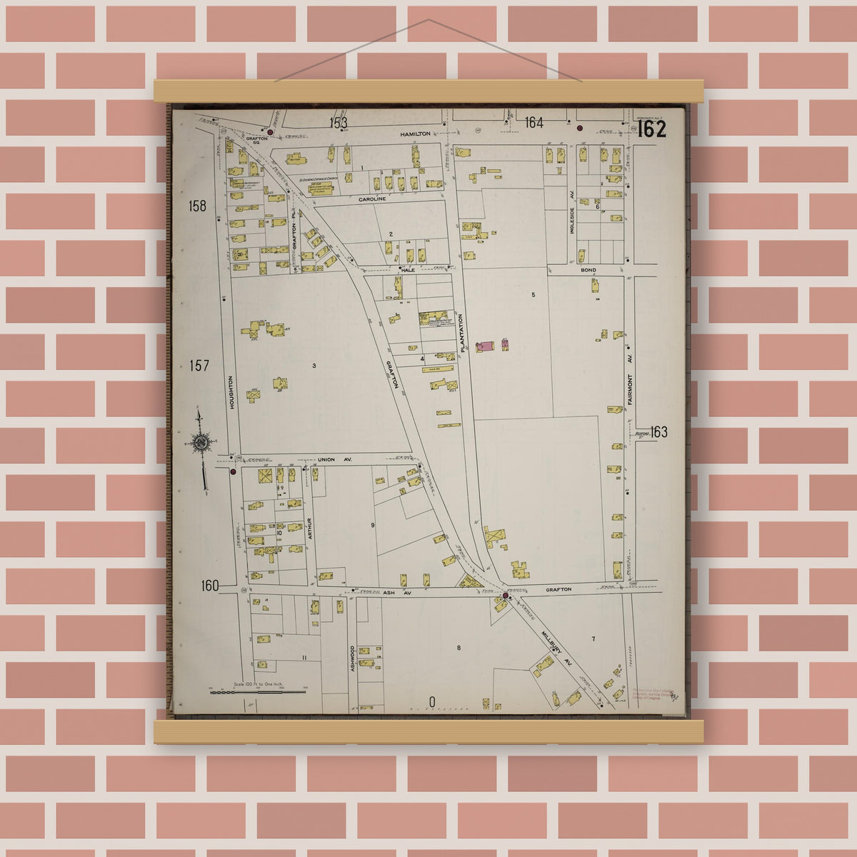 Old map wall art mockup — magnetic wood frame on brick wall — Sanborn Fire Insurance Map from Worcester, Worcester County, Massachusetts (1910), Sheet #0162