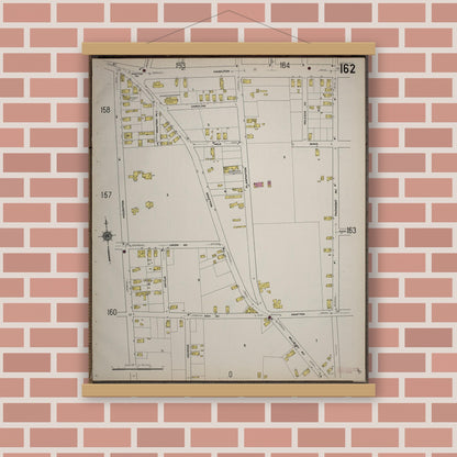 Old map wall art mockup — magnetic wood frame on brick wall — Sanborn Fire Insurance Map from Worcester, Worcester County, Massachusetts (1910), Sheet #0162