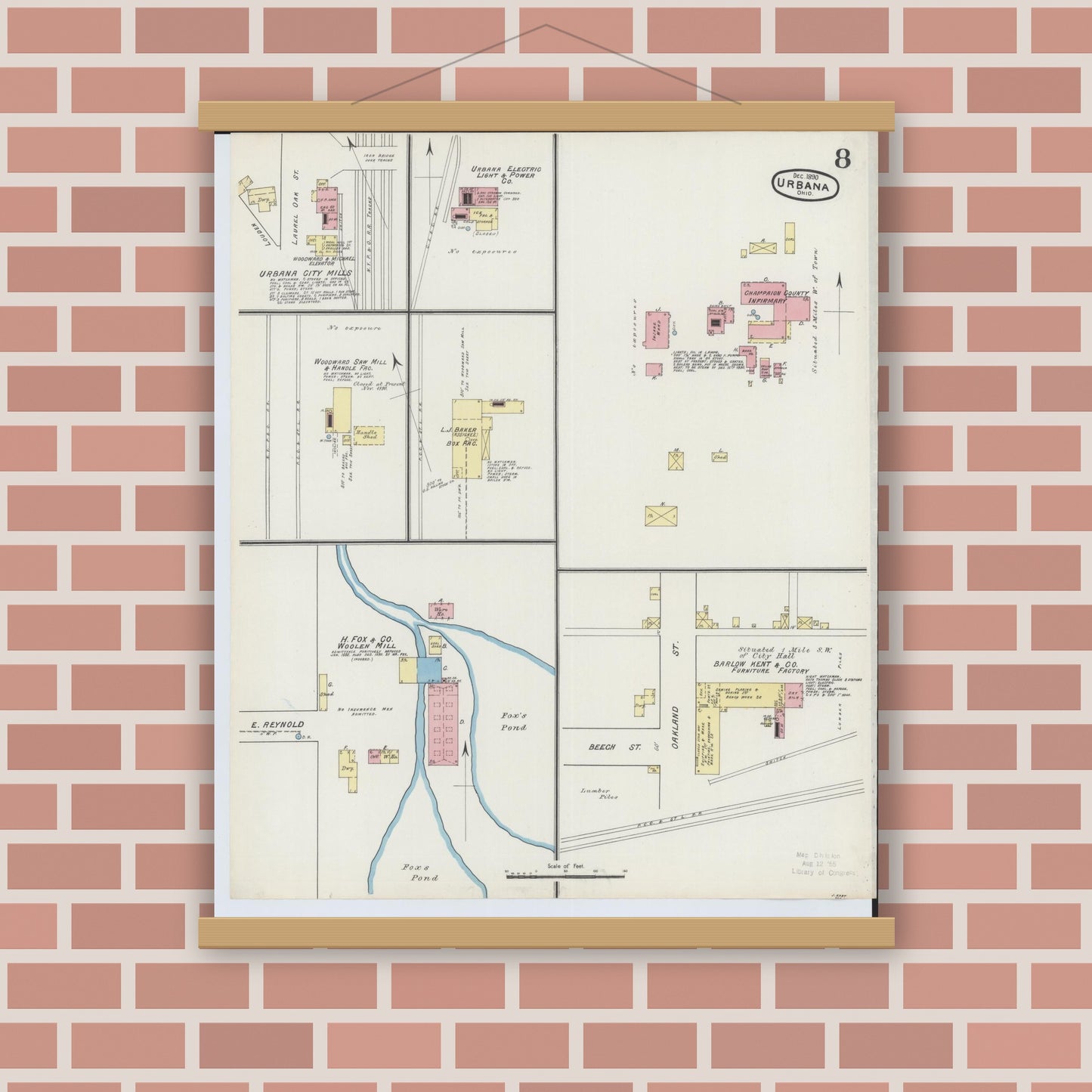 Old map wall art mockup — magnetic wood frame on brick wall — Sanborn Fire Insurance Map from Urbana, Champaign County, Ohio (1890), Sheet #0008