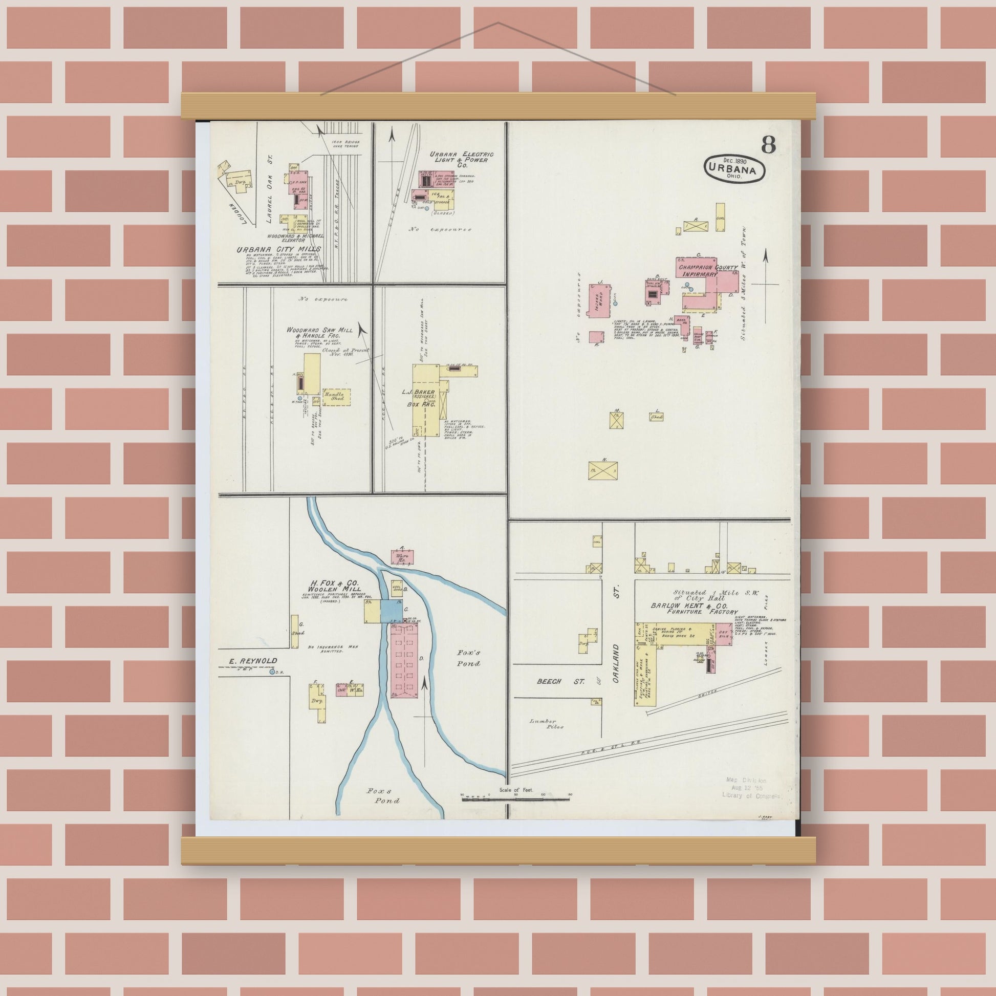 Old map wall art mockup — magnetic wood frame on brick wall — Sanborn Fire Insurance Map from Urbana, Champaign County, Ohio (1890), Sheet #0008