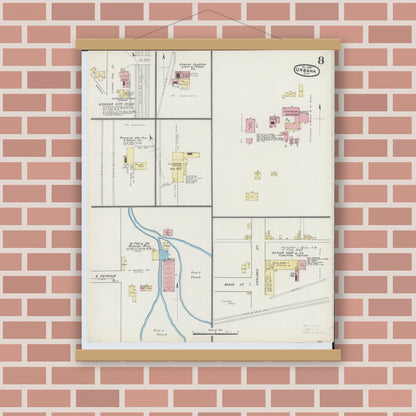 Old map wall art mockup — magnetic wood frame on brick wall — Sanborn Fire Insurance Map from Urbana, Champaign County, Ohio (1890), Sheet #0008