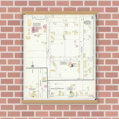 Old map wall art mockup — magnetic wood frame on brick wall — Sanborn Fire Insurance Map from Minster, Auglaize County, Ohio (1914), Sheet #0005
