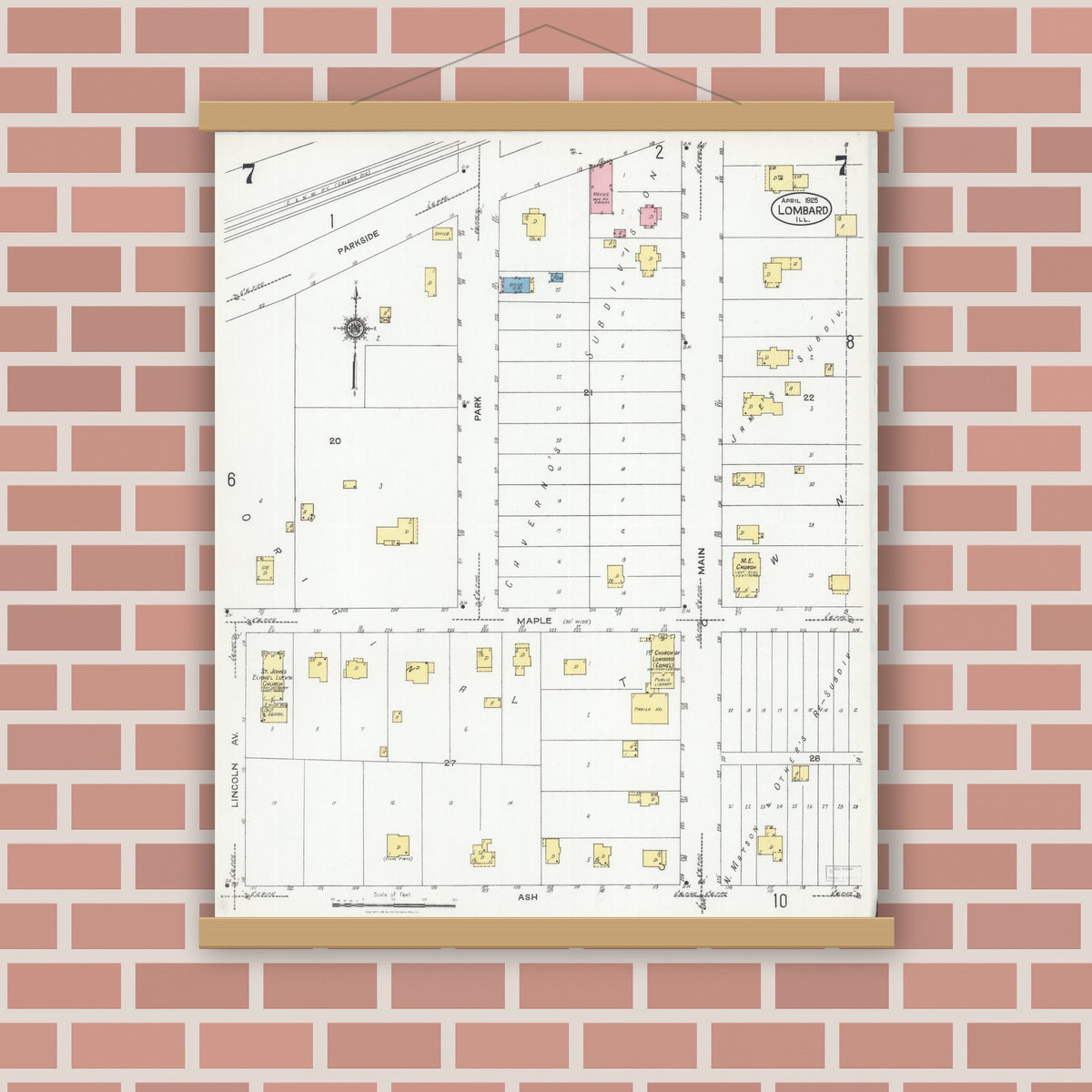 Old map wall art mockup — magnetic wood frame on brick wall — Sanborn Fire Insurance Map from Lombard, Du Page County, Illinois (1925), Sheet #0007