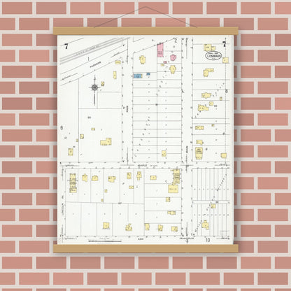 Old map wall art mockup — magnetic wood frame on brick wall — Sanborn Fire Insurance Map from Lombard, Du Page County, Illinois (1925), Sheet #0007