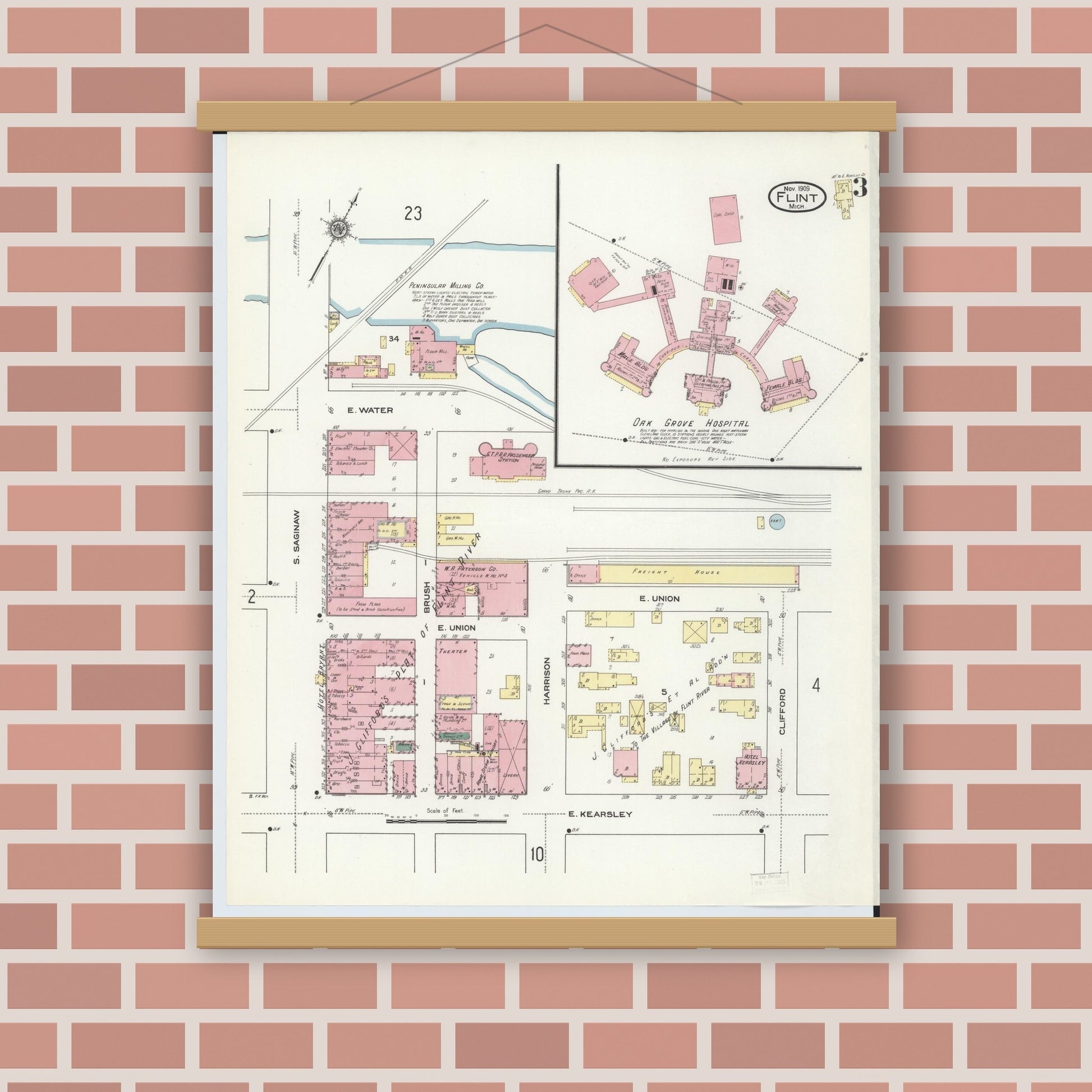 Old map wall art mockup — magnetic wood frame on brick wall — Sanborn Fire Insurance Map from Flint, Genesee County, Michigan (1909), Sheet #0003