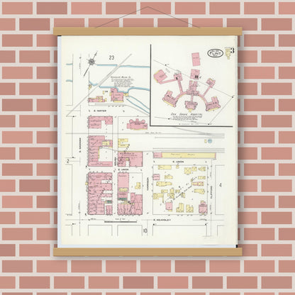 Old map wall art mockup — magnetic wood frame on brick wall — Sanborn Fire Insurance Map from Flint, Genesee County, Michigan (1909), Sheet #0003