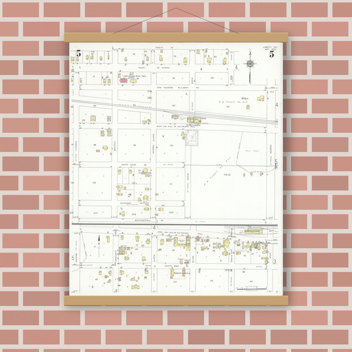 Old map wall art mockup — magnetic wood frame on brick wall — Sanborn Fire Insurance Map from Liberty, Liberty County, Texas (1938), Sheet #0005