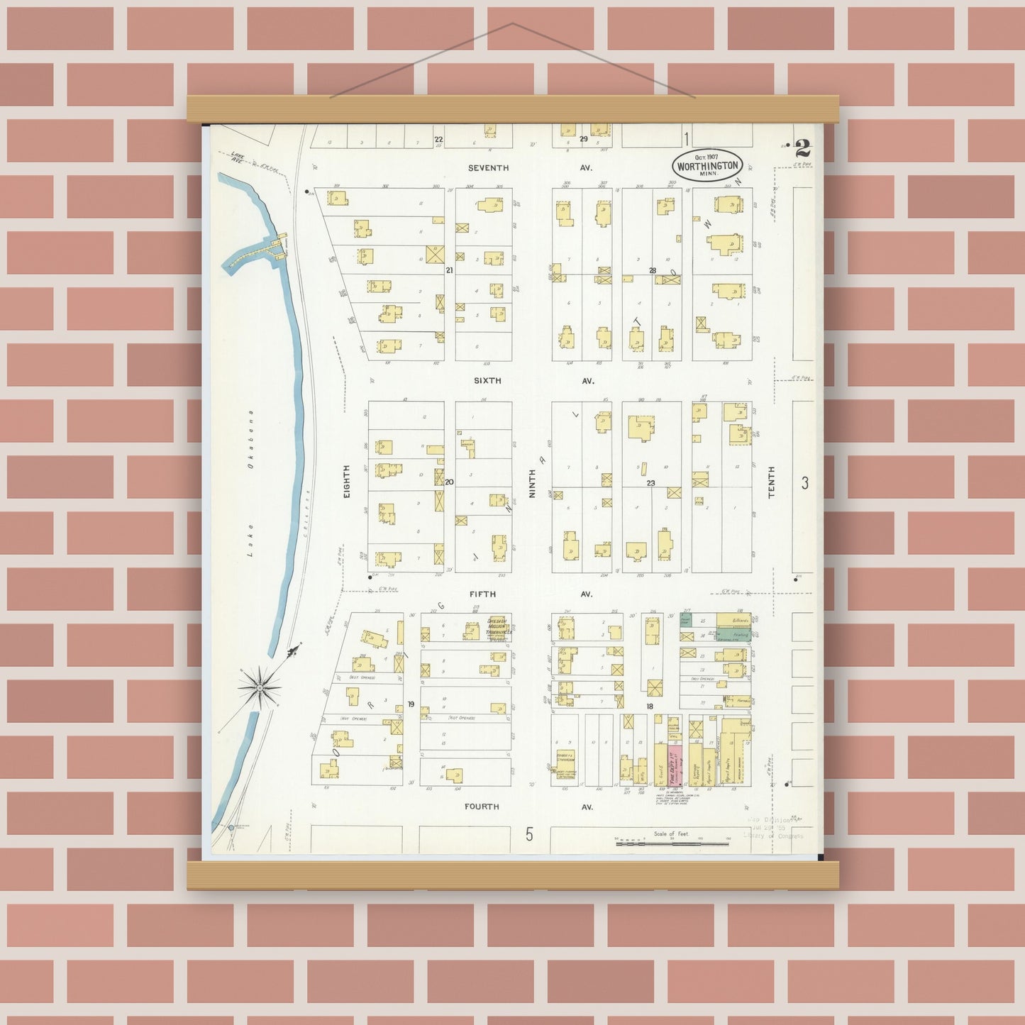 Old map wall art mockup — magnetic wood frame on brick wall — Sanborn Fire Insurance Map from Worthington, Nobles County, Minnesota (1907), Sheet #0002