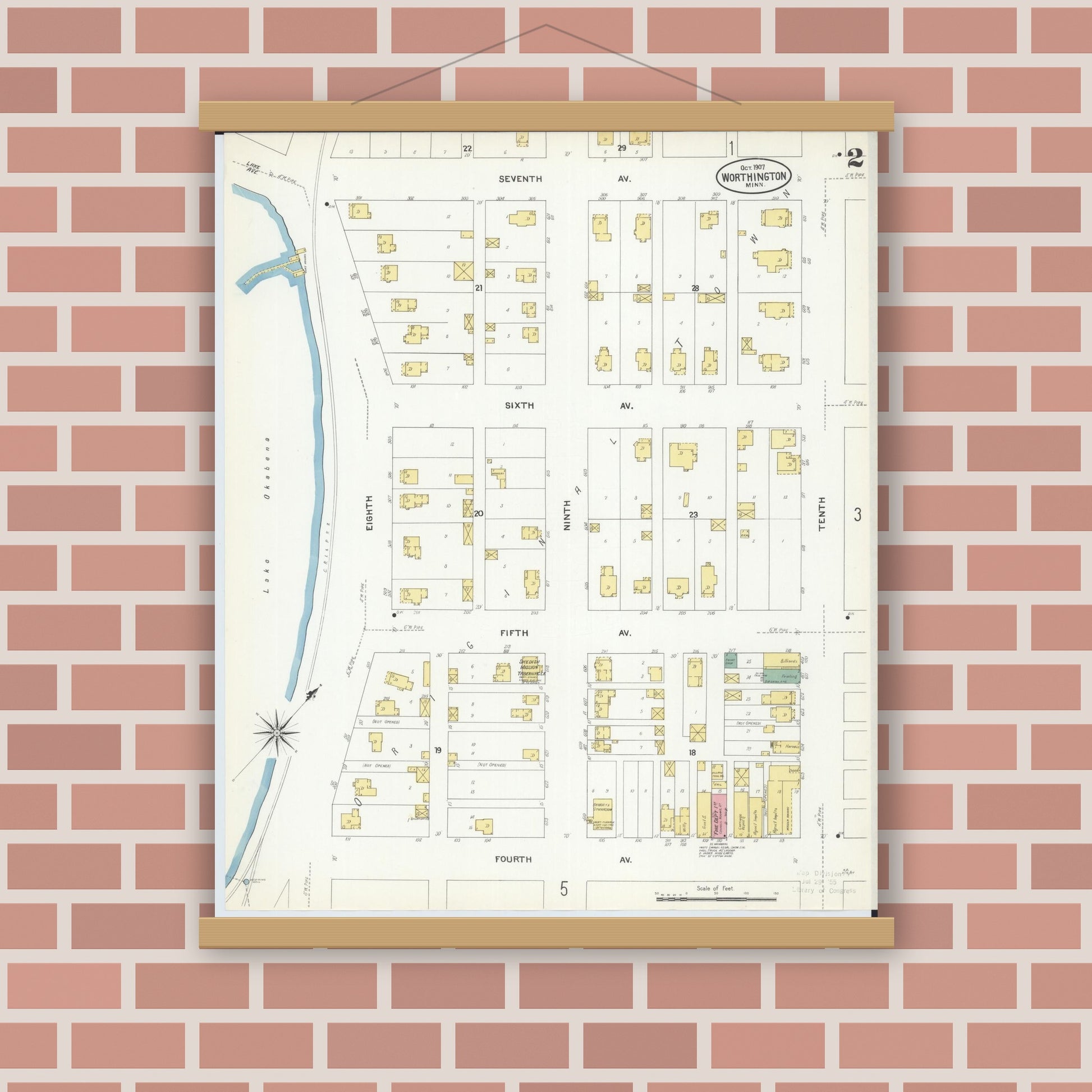 Old map wall art mockup — magnetic wood frame on brick wall — Sanborn Fire Insurance Map from Worthington, Nobles County, Minnesota (1907), Sheet #0002