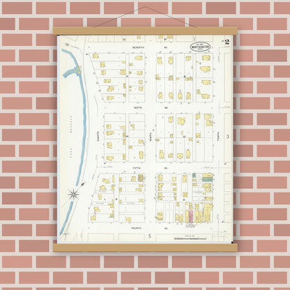 Old map wall art mockup — magnetic wood frame on brick wall — Sanborn Fire Insurance Map from Worthington, Nobles County, Minnesota (1907), Sheet #0002