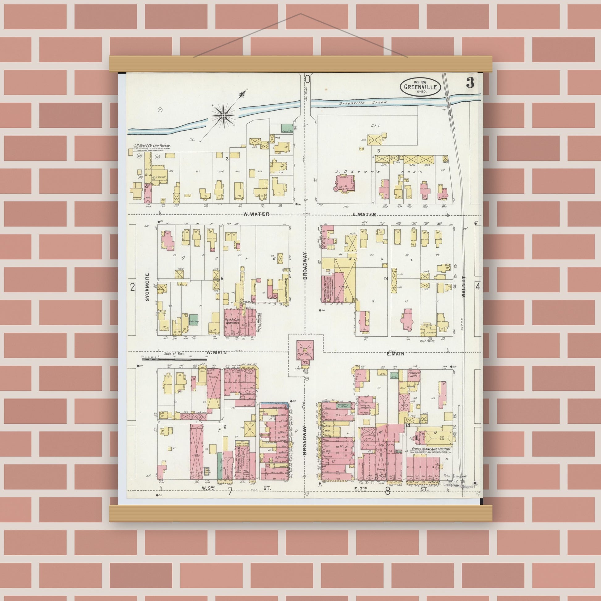 Old map wall art mockup — magnetic wood frame on brick wall — Sanborn Fire Insurance Map from Greenville, Darke County, Ohio (1898), Sheet #0003