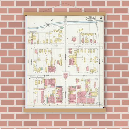 Old map wall art mockup — magnetic wood frame on brick wall — Sanborn Fire Insurance Map from Greenville, Darke County, Ohio (1898), Sheet #0003