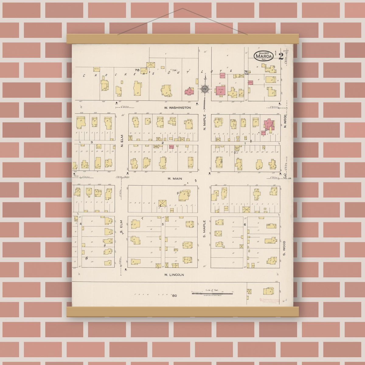 Old map wall art mockup — magnetic wood frame on brick wall — Sanborn Fire Insurance Map from Maroa, Macon County, Illinois (1922), Sheet #0002