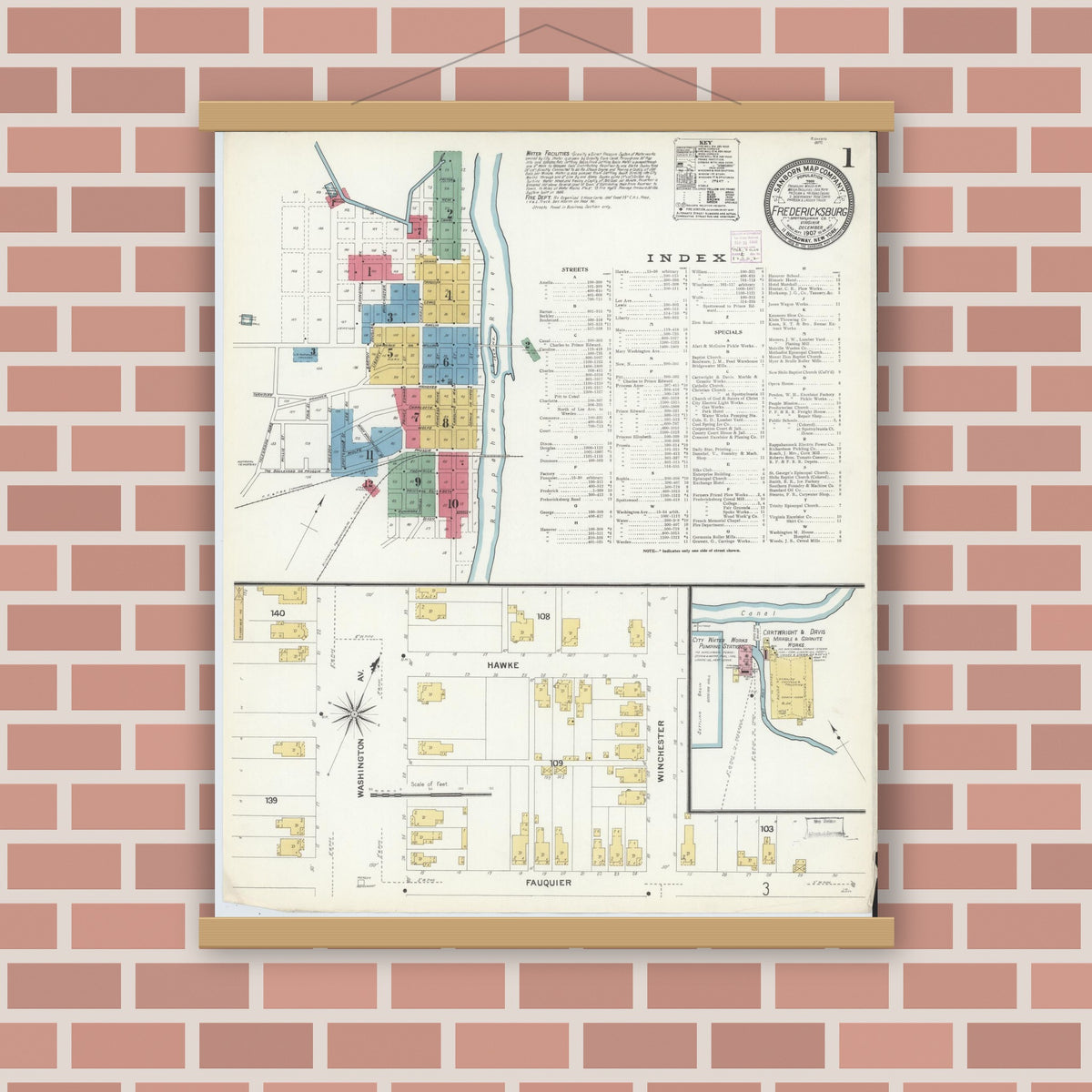Old map wall art mockup — magnetic wood frame on brick wall — Sanborn Fire Insurance Map from Fredericksburg, Independent Cities, Virginia (1907) - Complete Map Set