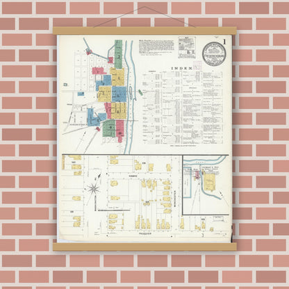 Old map wall art mockup — magnetic wood frame on brick wall — Sanborn Fire Insurance Map from Fredericksburg, Independent Cities, Virginia (1907) - Complete Map Set