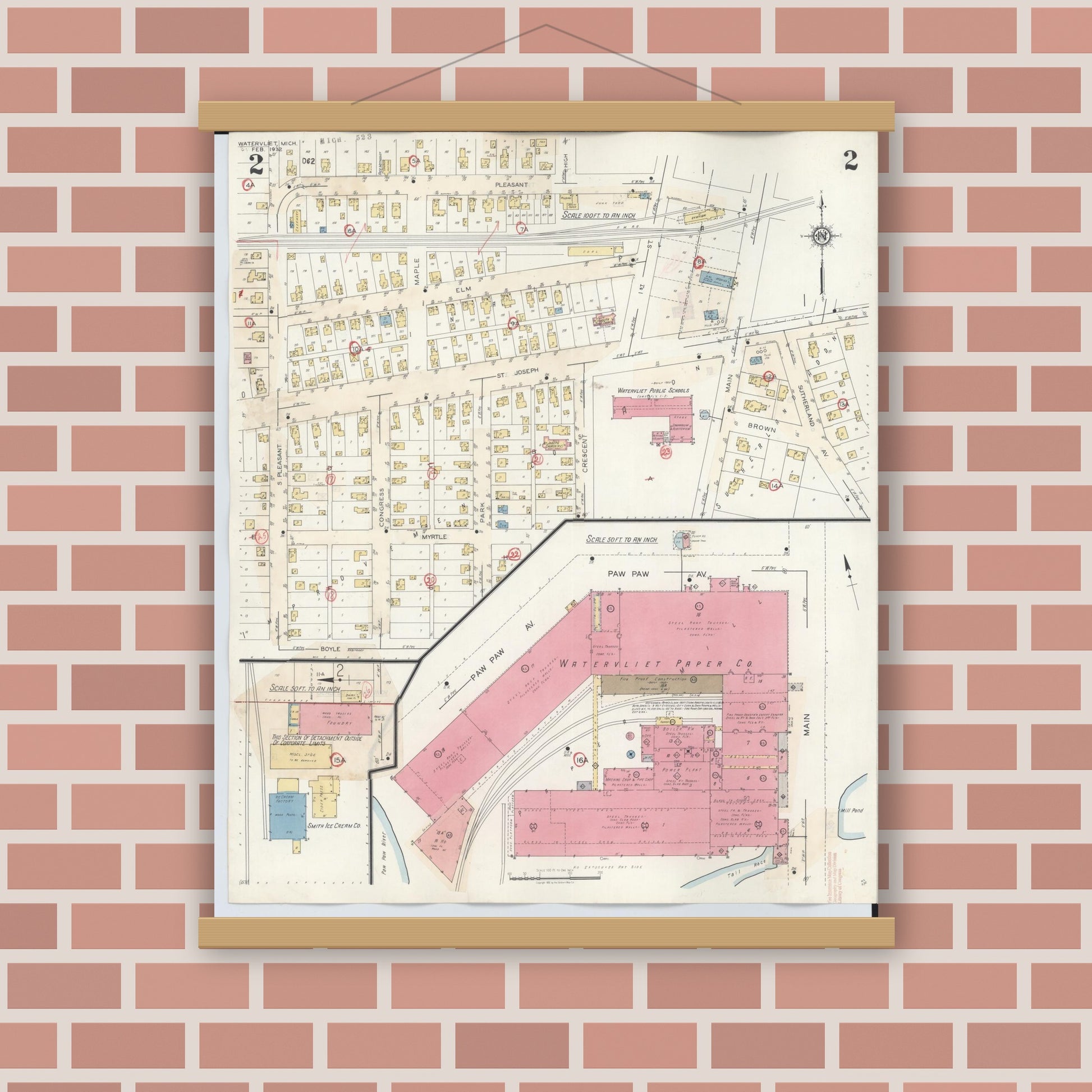 Old map wall art mockup — magnetic wood frame on brick wall — Sanborn Fire Insurance Map from Watervliet, Berrien County, Michigan (1942), Sheet #0002
