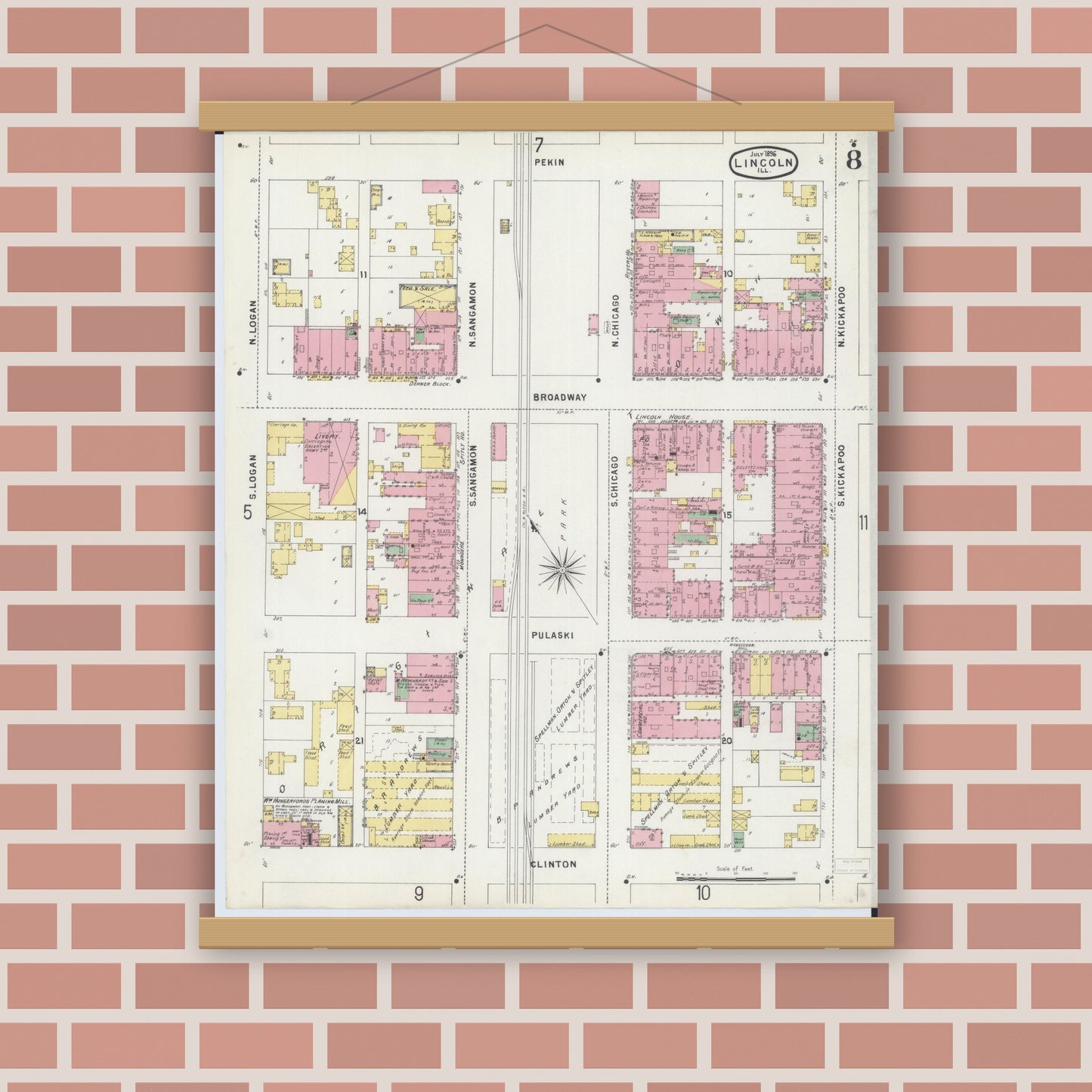 Old map wall art mockup — magnetic wood frame on brick wall — Sanborn Fire Insurance Map from Lincoln, Logan County, Illinois (1896), Sheet #0008